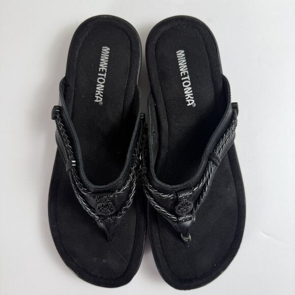 Minnetonka Silverthorne Black Leather Thong Sandals - Embellished Flip Flops 8 - Picture 1 of 8